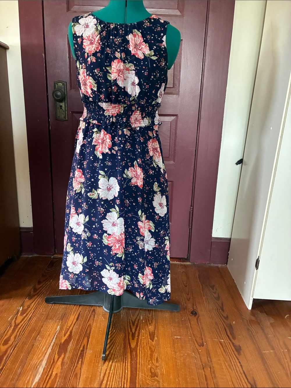 R&K Navy Floral Sleeveless Midi Dress with Pink and White Blooms